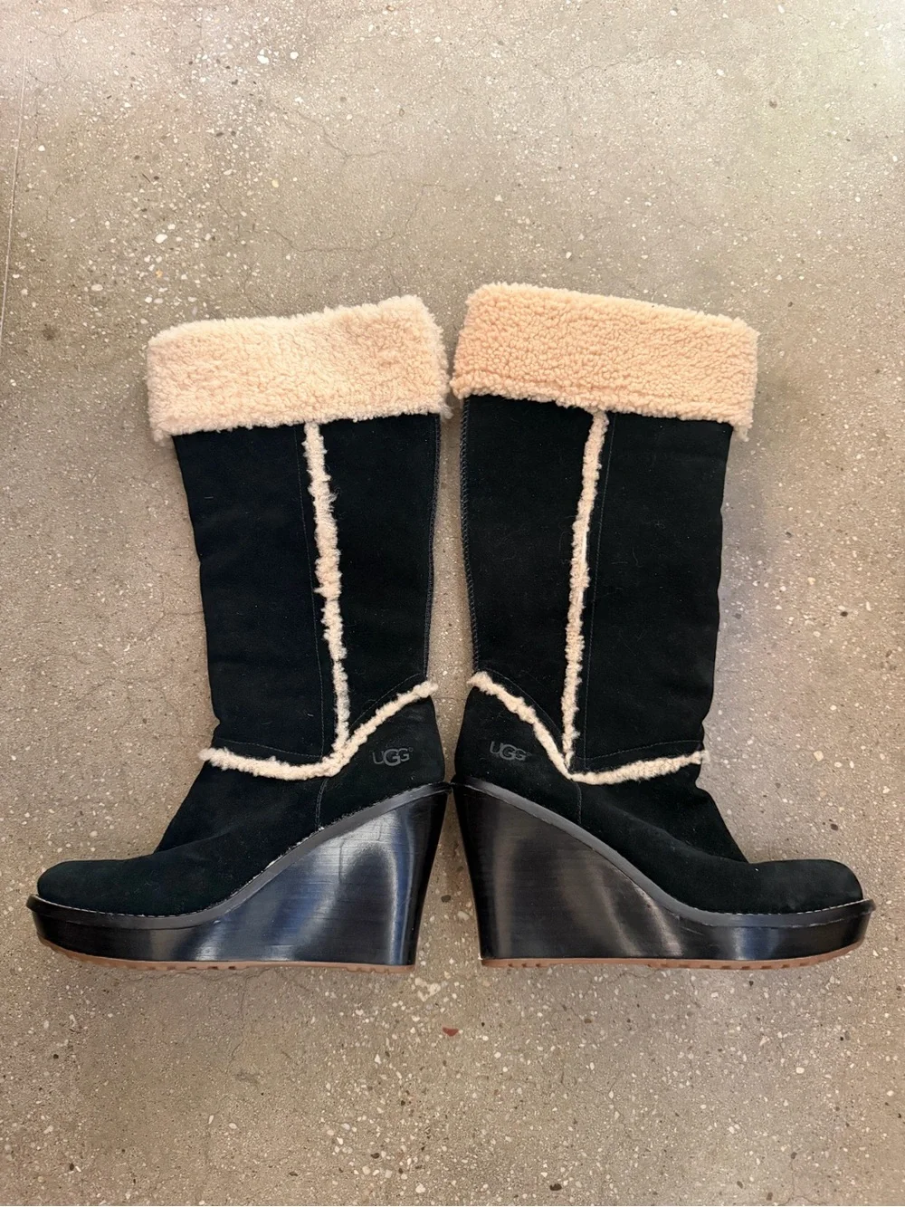 UGG Black Suede Wedge Boots with Cream Shearling Trim